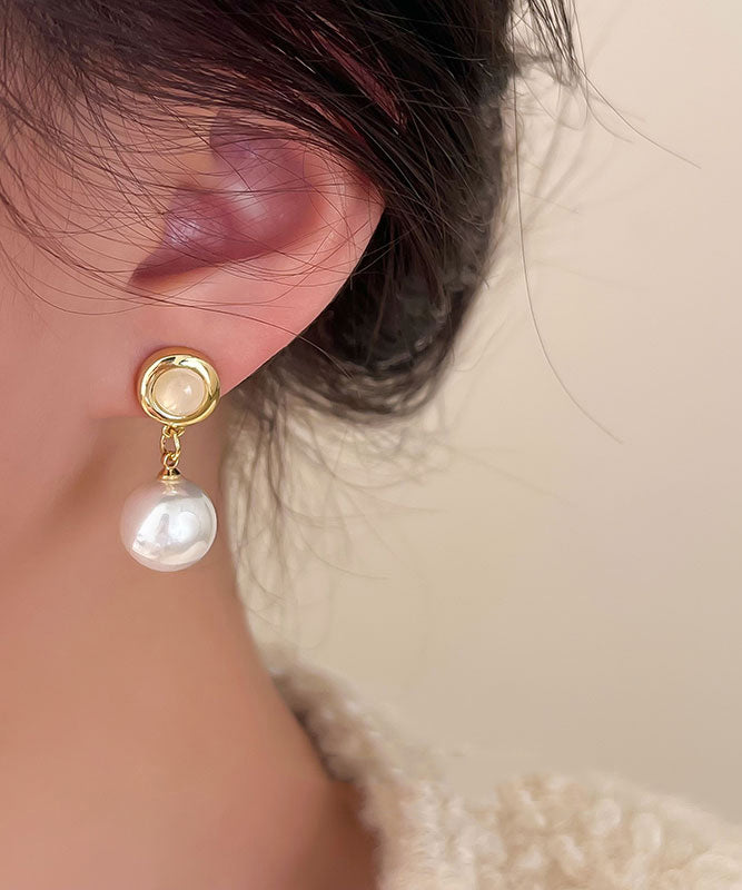 白銅鍍金珍珠垂墜耳環