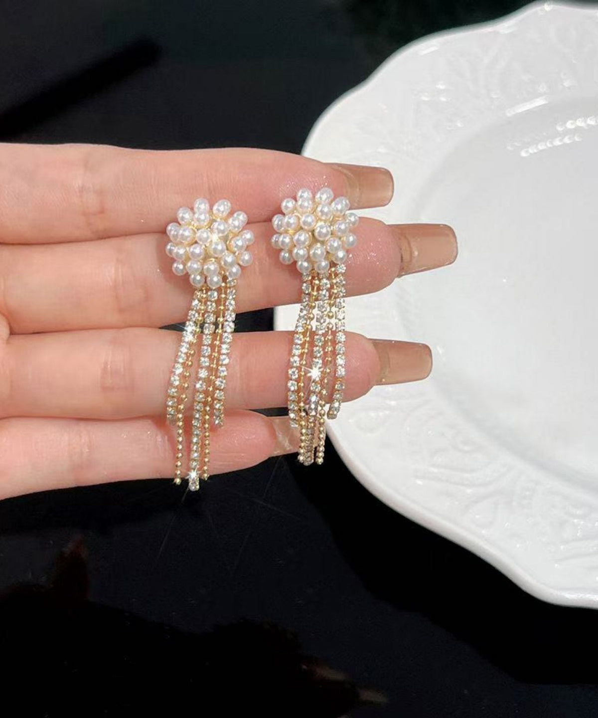 時尚金銀銀鍍珍珠流蘇垂墜耳環