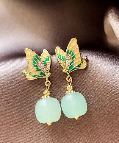復古綠銅合金鋯石玉石蝴蝶垂墜耳環