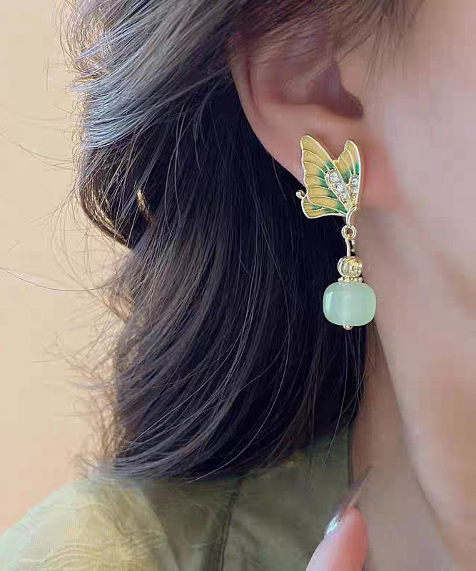 復古綠銅合金鋯石玉石蝴蝶垂墜耳環