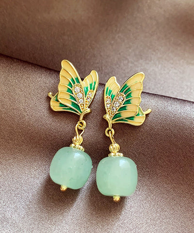 復古綠銅合金鋯石玉石蝴蝶垂墜耳環