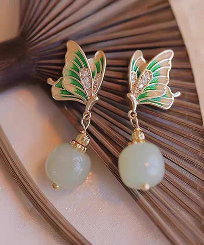 復古綠銅合金鋯石玉石蝴蝶垂墜耳環