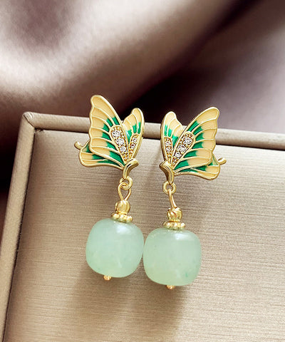復古綠銅合金鋯石玉石蝴蝶垂墜耳環
