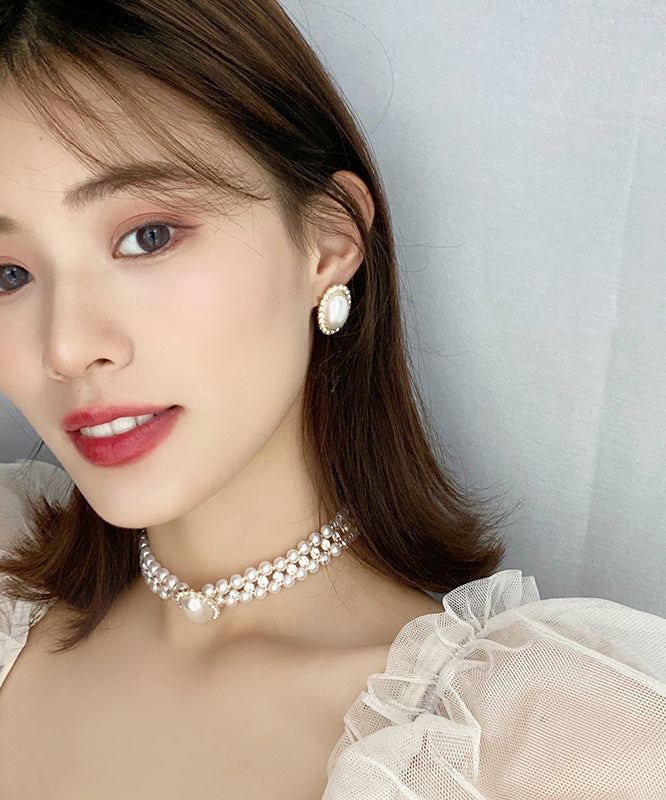 女性白色925純銀鍍金鋯石珍珠耳釘