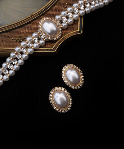 女性白色925純銀鍍金鋯石珍珠耳釘